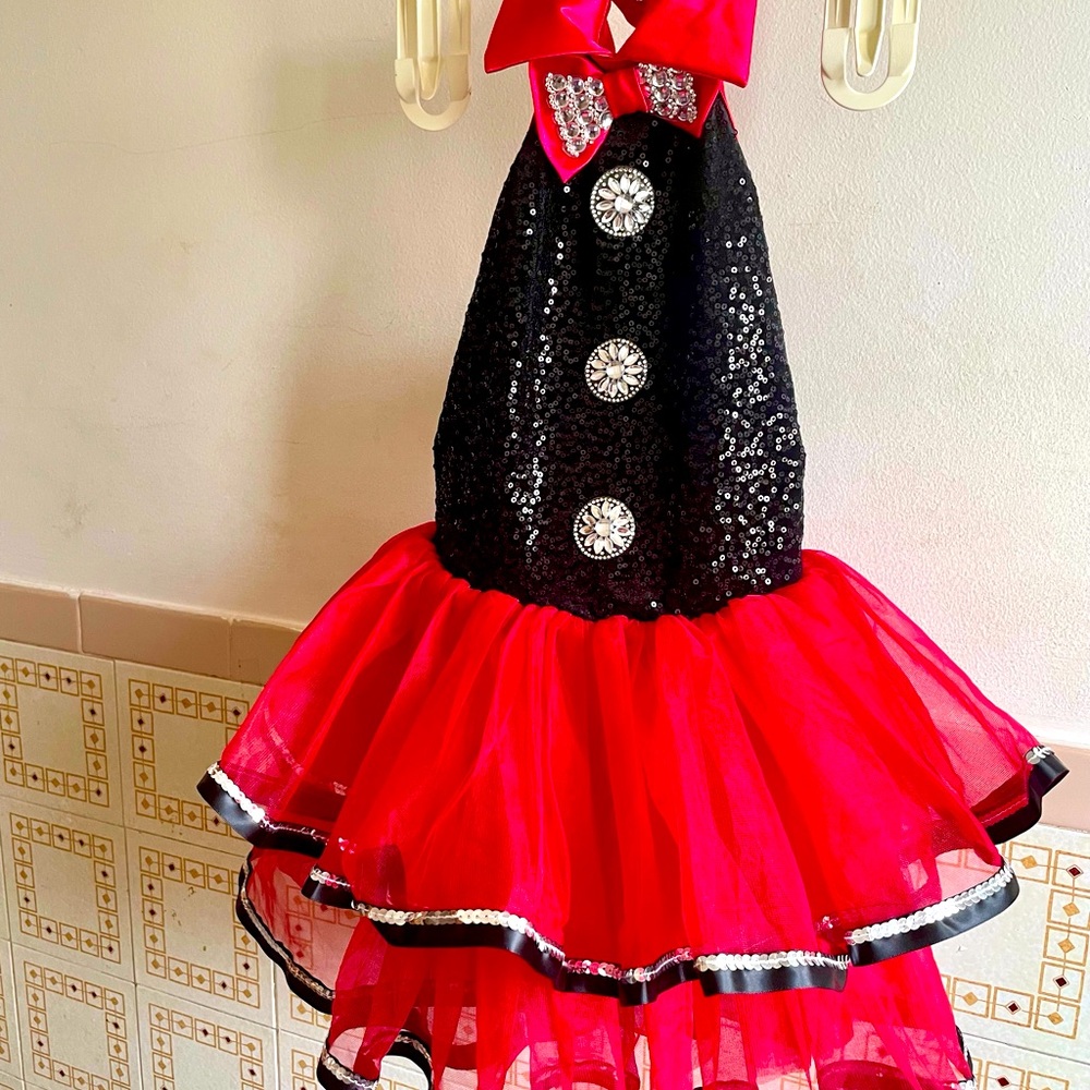 Weissman dance dress, costume, tutu, girls 7/8, red and black, sequins.